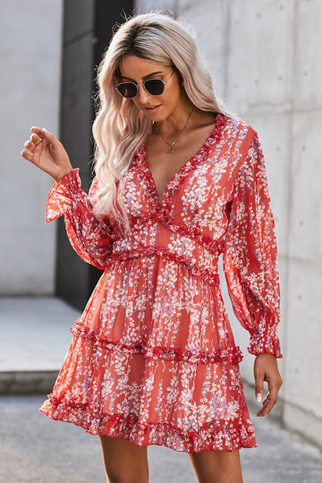 Woochic robe à manches longues col en V imprimé trapèze rouge S